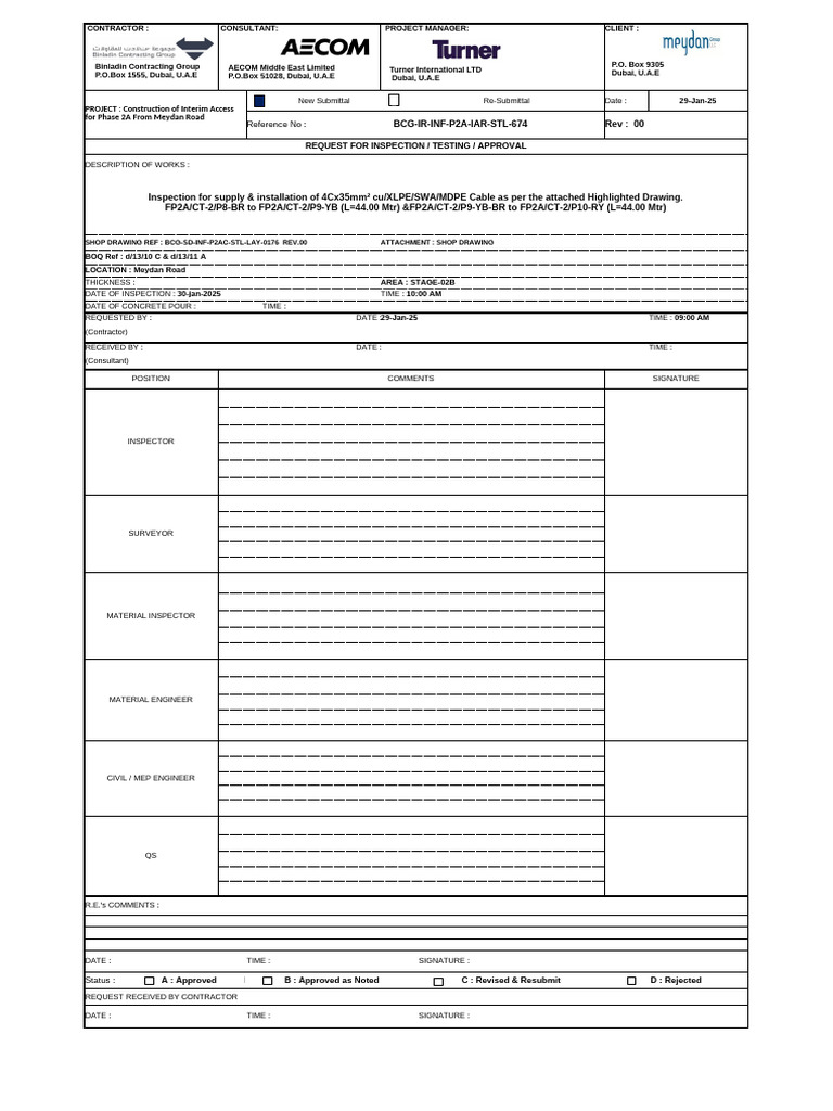 Request for Inspection: Cable Installation | PDF | Engineering