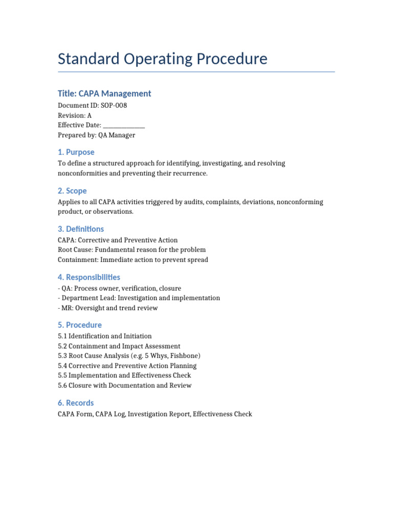 CAPA Management SOP Overview | PDF