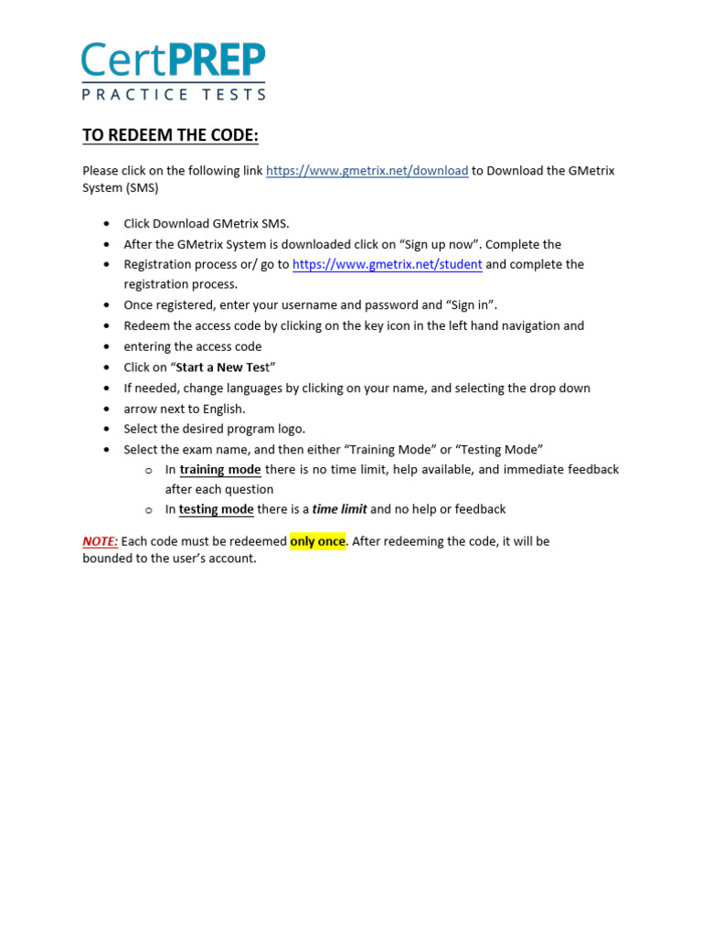 To Redeem the Certprep Practice Codes | PDF