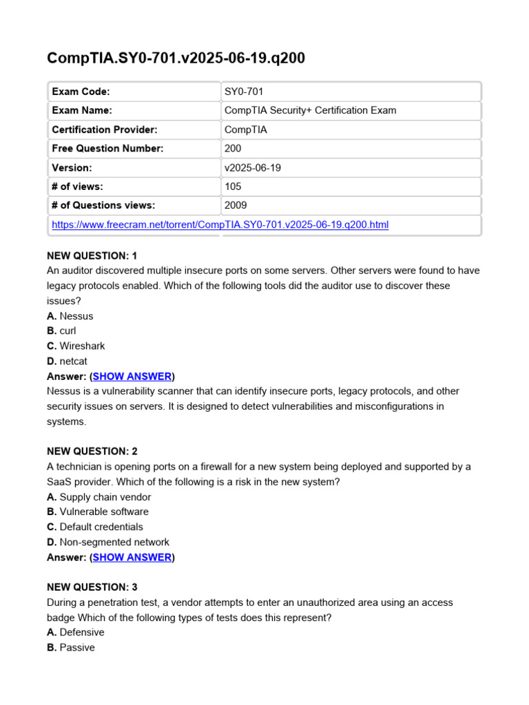 CompTIA Security+ SY0-701 Exam Questions | PDF | Security | Computer ...