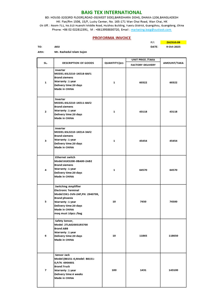 Proforma Invoice for Siemens Equipment | PDF | Electromagnetism ...