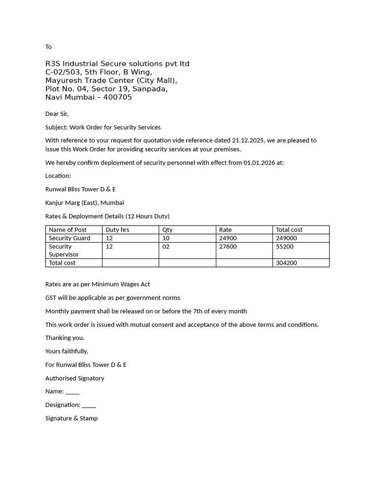 Work Order for Security Services in Mumbai | PDF
