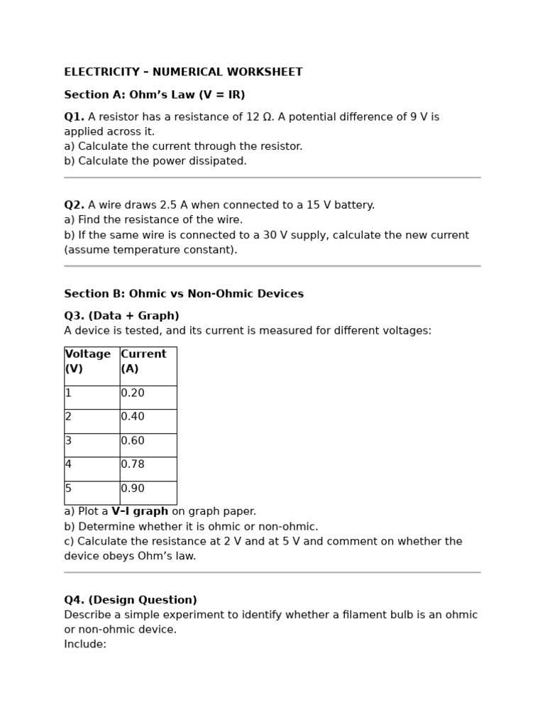 Electricity Numerical Worksheet Guide | PDF | Transformer | Resistor