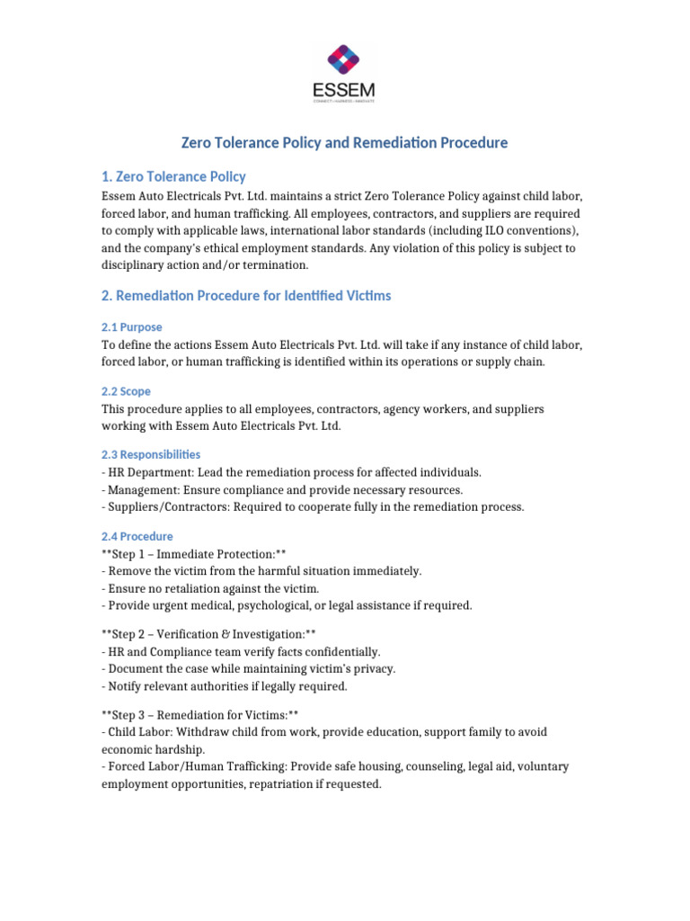 Zero Tolerance Policy & Remediation Guide | PDF | Employment | Child Labour