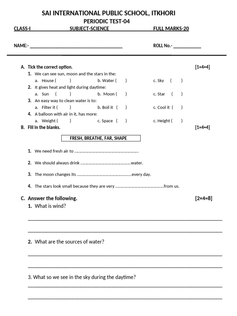 Class 1 Science Periodic Test 04 | PDF