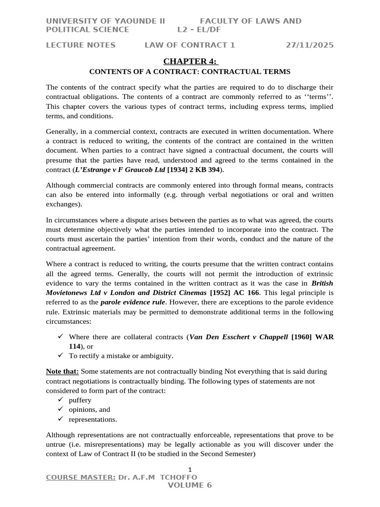 Contractual Terms Explained: Law Notes | PDF | Breach Of Contract ...