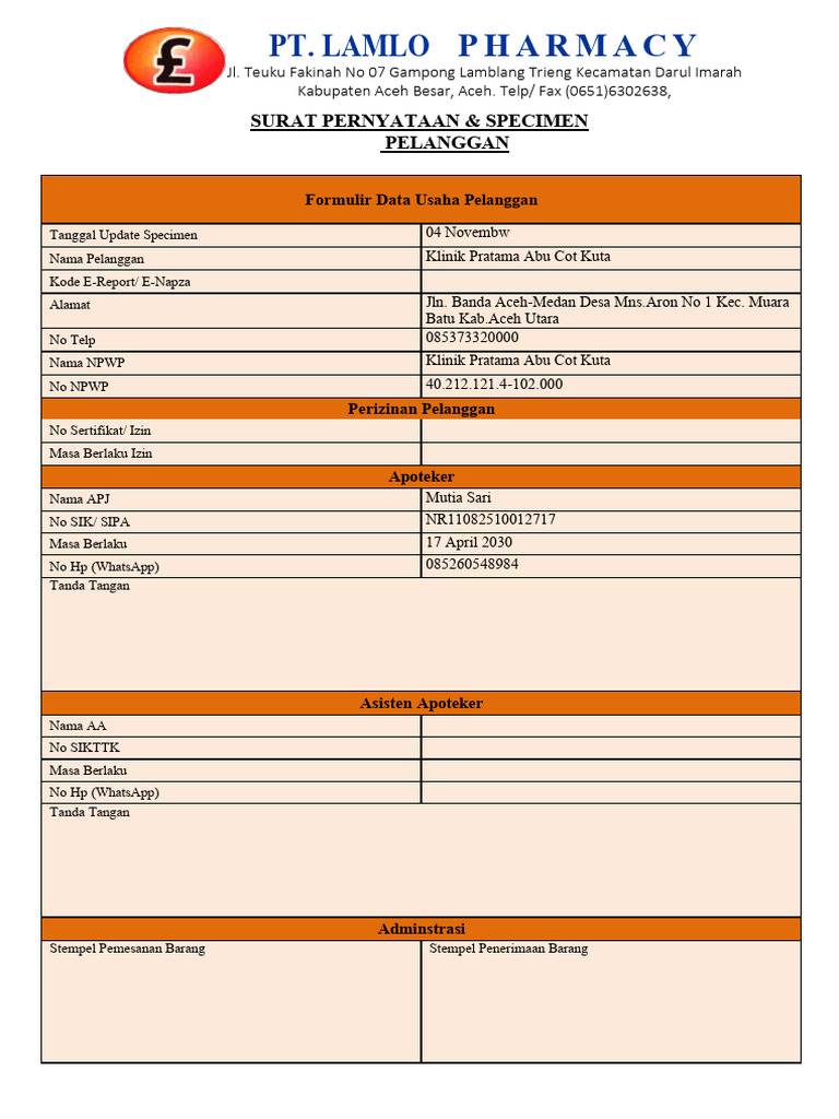 Form Spesimen Pelanggan Baru | PDF