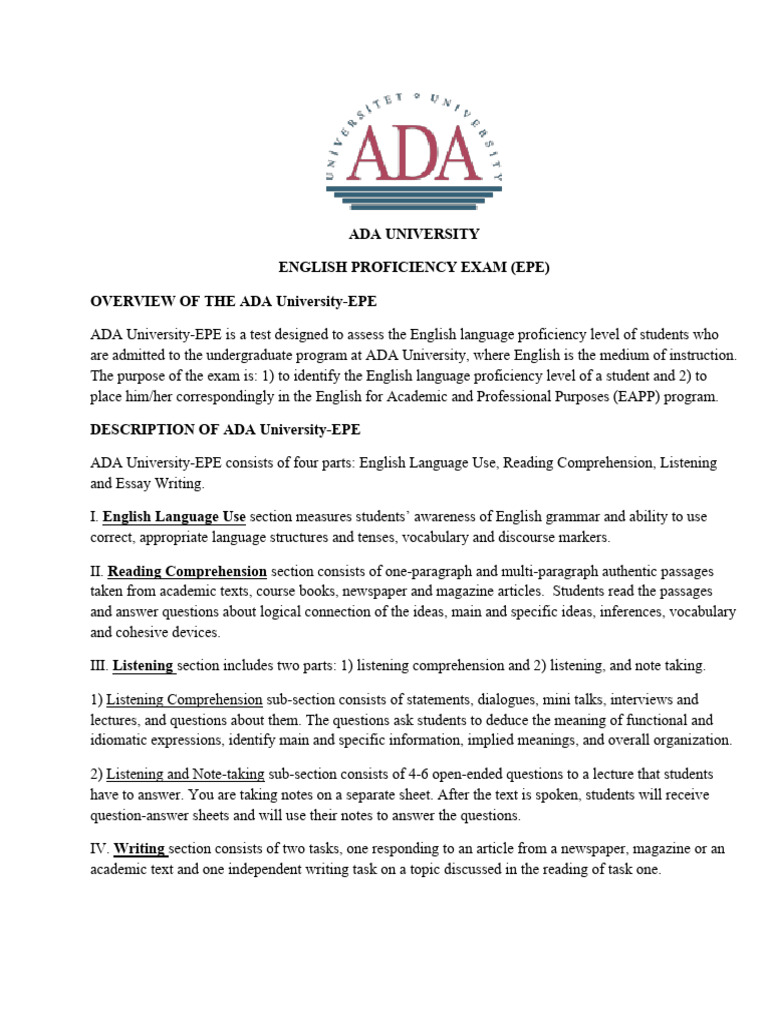 ADA University English Proficiency Exam Guide | PDF | Reading ...