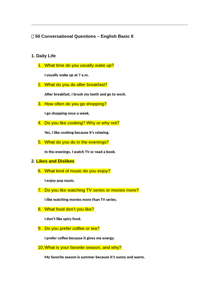 50 Basic English Conversation Questions | PDF | Chess | Chess Theory