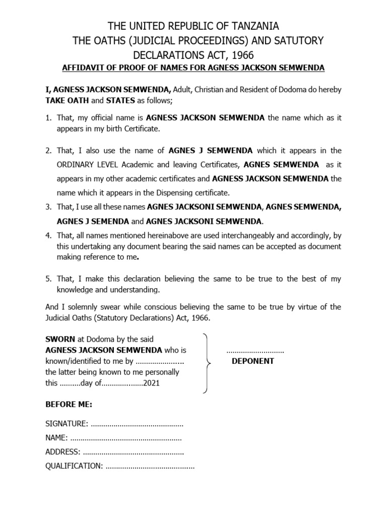 Affidavit of Name Proof for Agness Semwenda | PDF