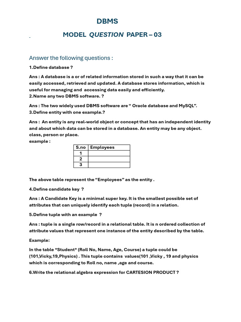 DBMS Model Question Paper Overview | PDF | Relational Model | Databases