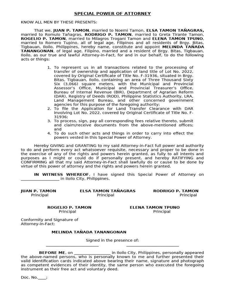 Special Power of Attorney Template | PDF | Power Of Attorney | Identity ...