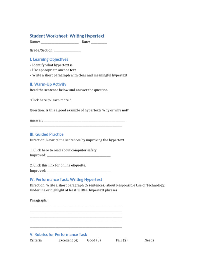 Hypertext Writing Student Worksheet | PDF | Human Communication ...