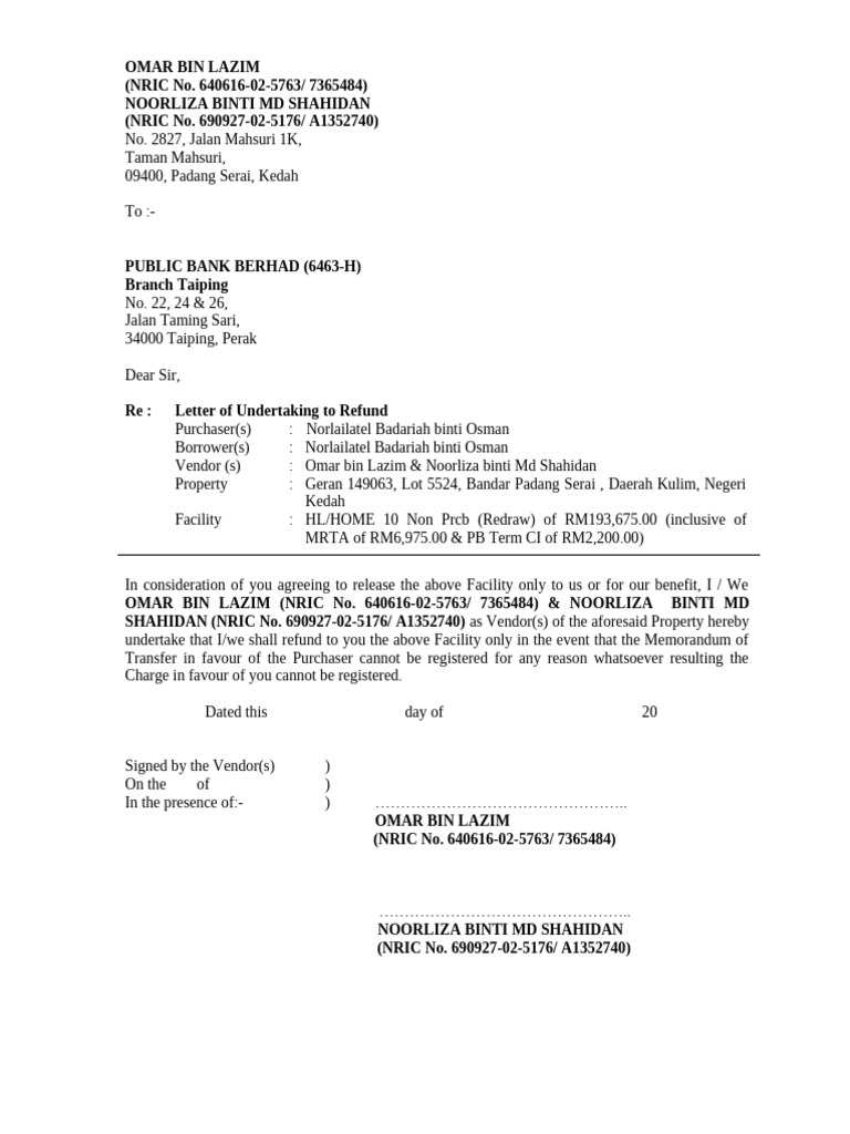 Letter of Undertaking To Refund To Bank | PDF