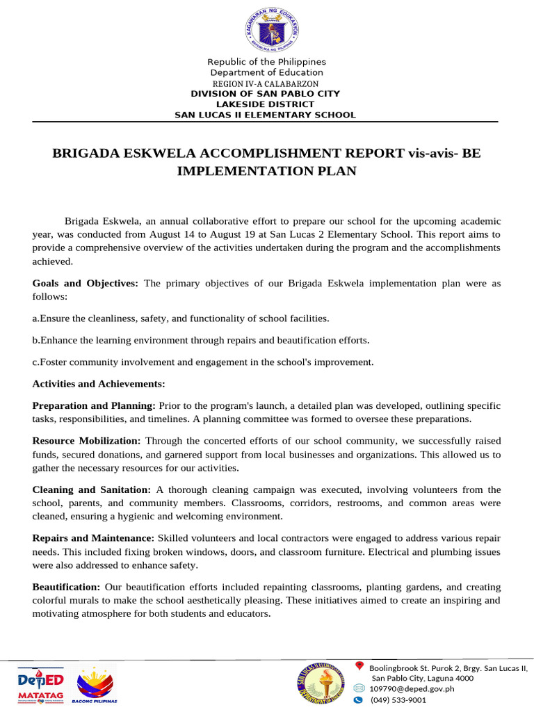 Brigada Eskwela Report 2023: San Lucas II | PDF | Schools | Teachers