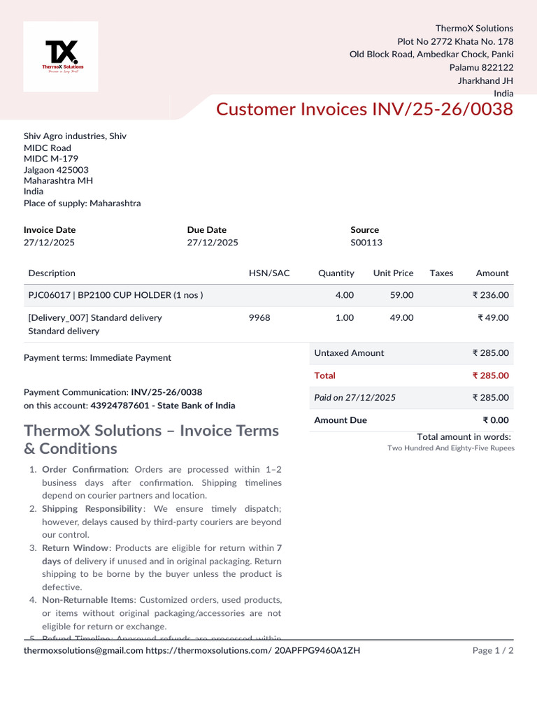 INV_25-26_0038 | PDF | Invoice | Payments