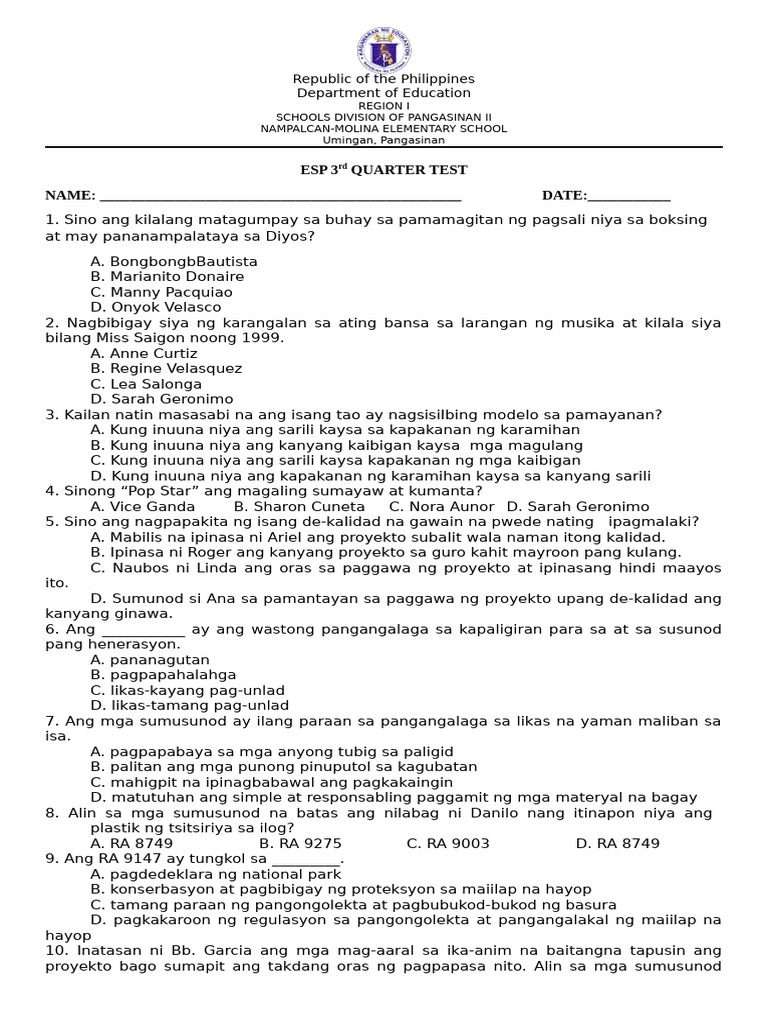 esp 3RD QUARTER TEST | PDF