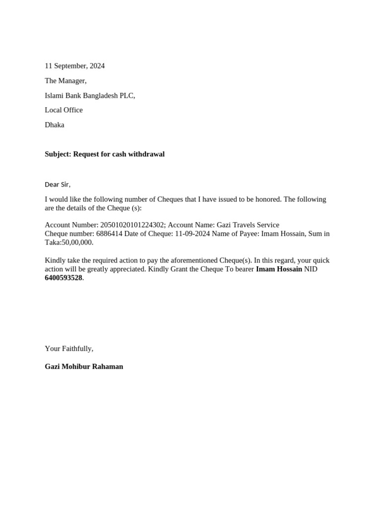 Cash Withdrawal Request for Cheque | PDF