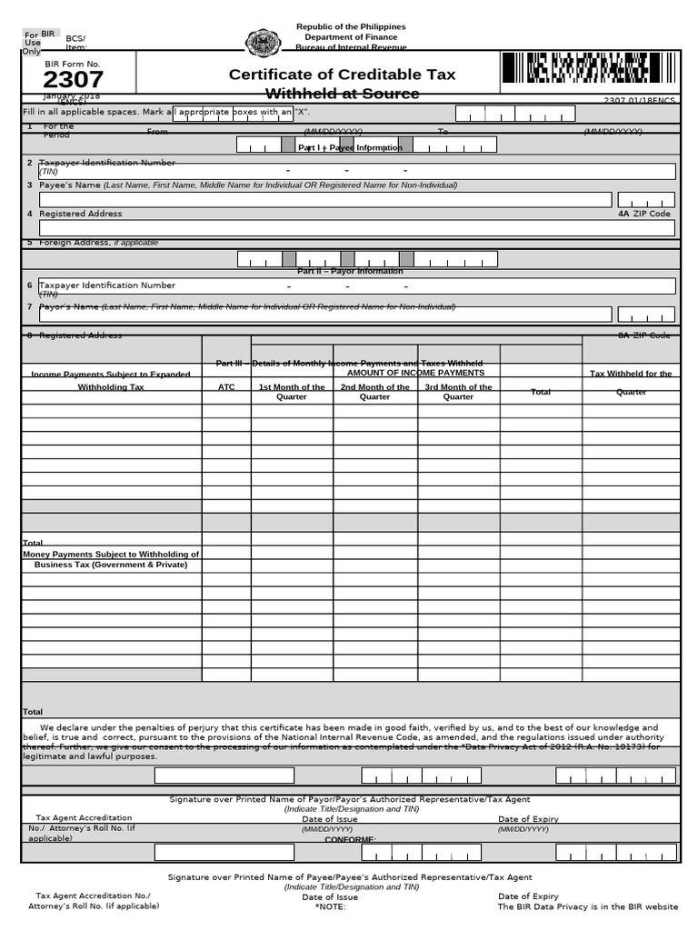 BIR Form 2307: Tax Withheld Certificate | PDF | Corporate Tax | Taxes