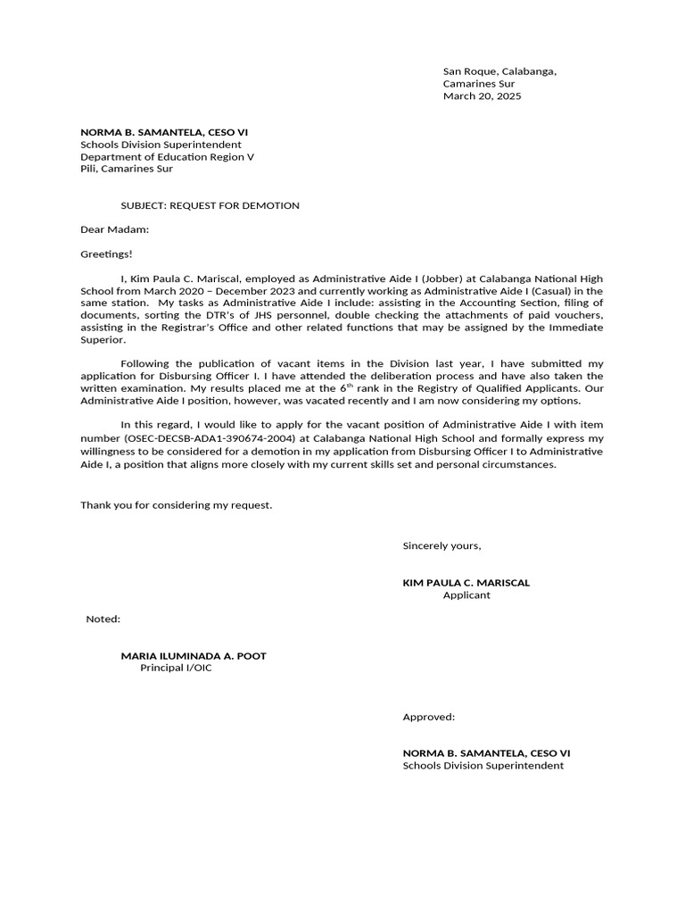 Application Letter - Demotion | PDF