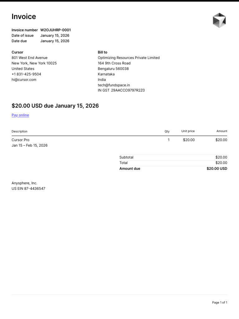 Invoice W2OJUHRP-0001 for Services | PDF