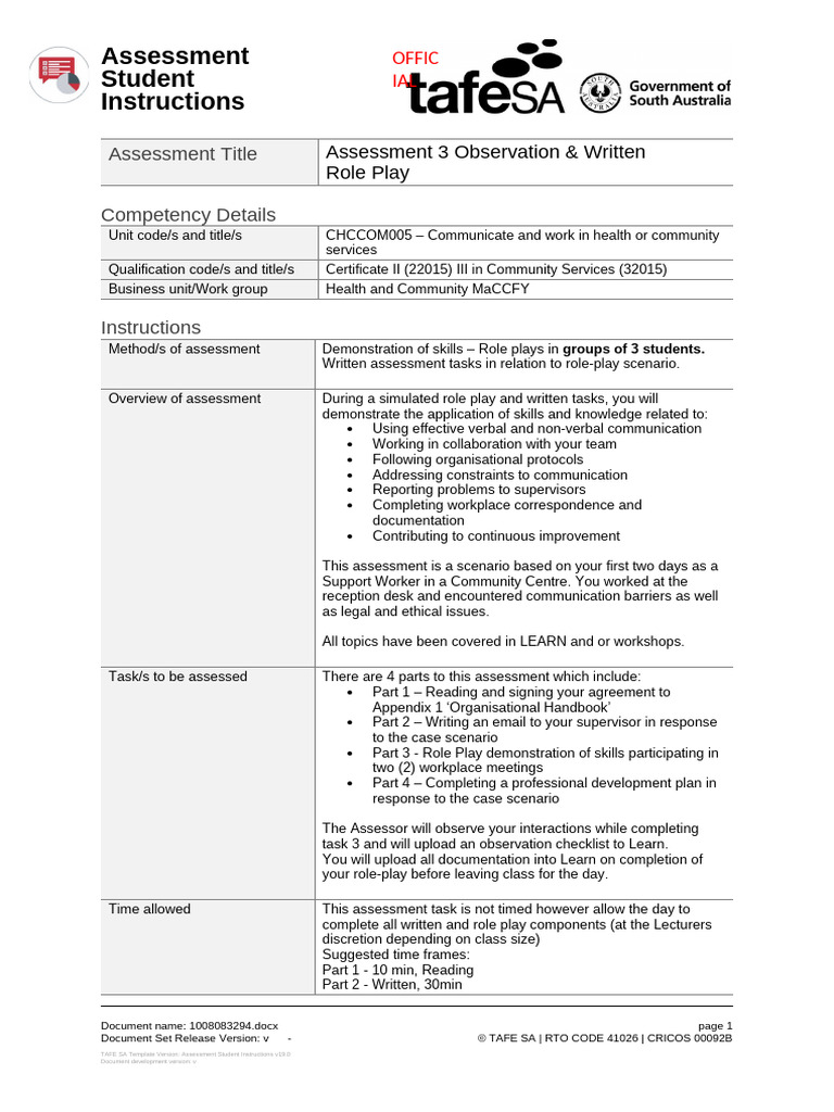 CHCCOM005 - ASI - Assessment 3 - Role Play and Written Documentation ...