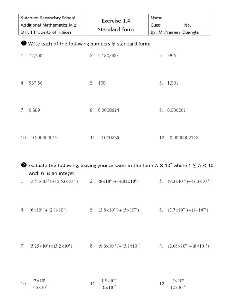 Standard Form Exercises for M.2 | PDF