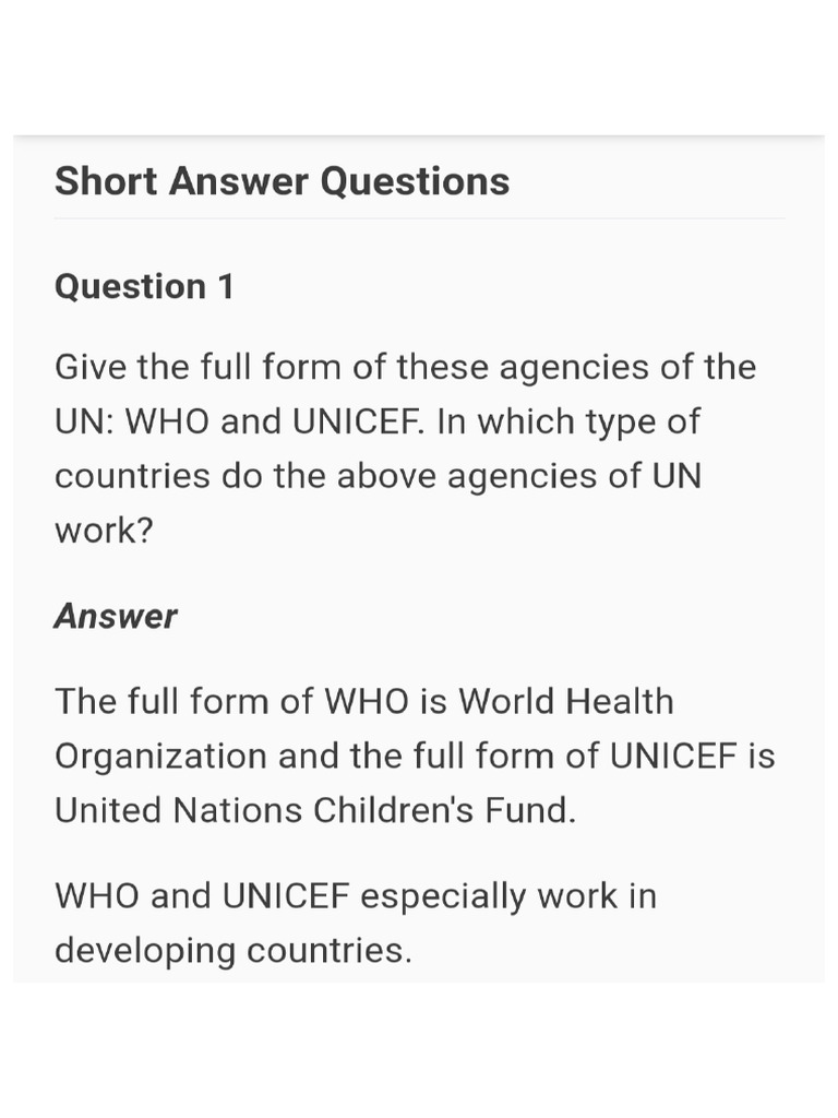 Major Agencies of the United Nations _( Short & Long Answers ) | PDF