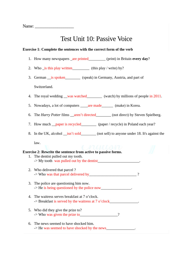 Passive Voice Test Unit 10 | PDF