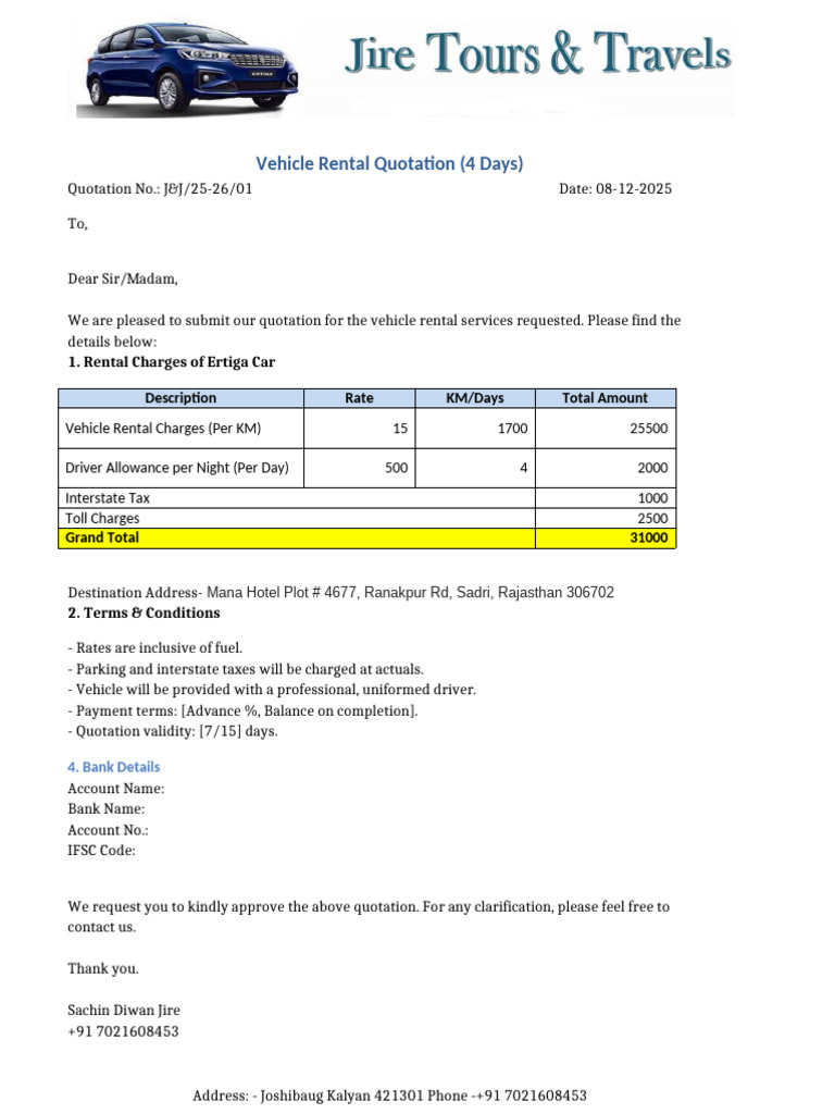 Vehicle Rental Quotation for 4 Days | PDF