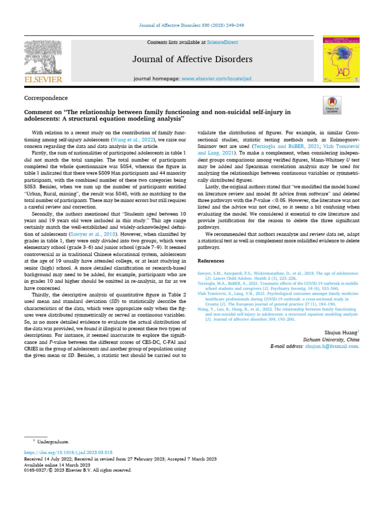 Comment on “the Relationship Between Family Functioning and Non ...
