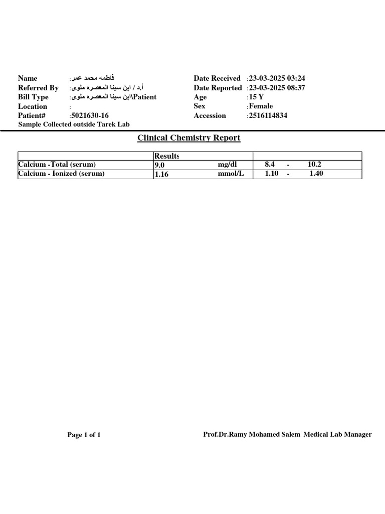 Clinical Chemistry Calcium Report | PDF