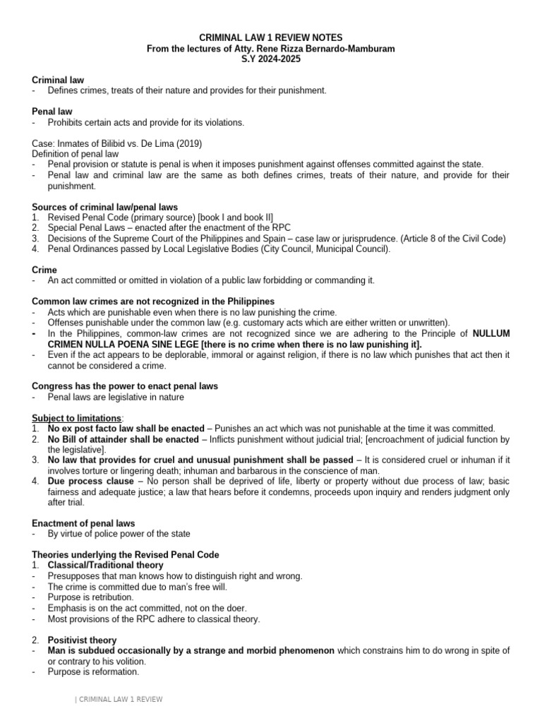 Criminal Law Review Notes 2024-2025 | PDF | Mens Rea | Intention ...
