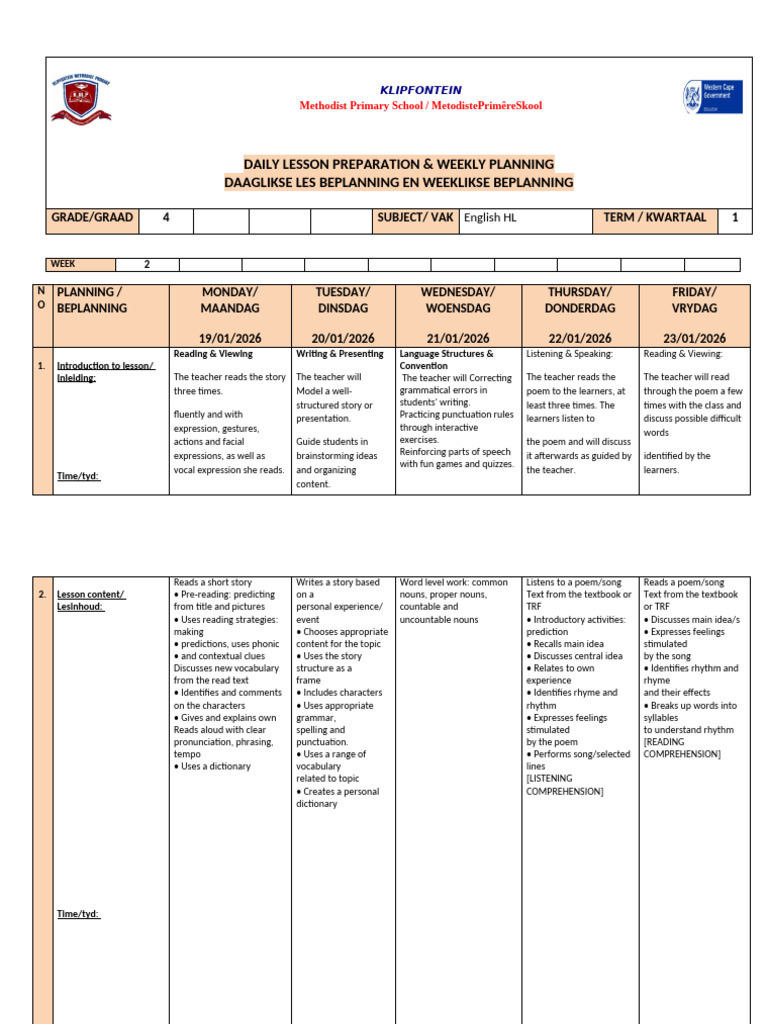 Grade 4 English Weekly Lesson Plan | PDF | Reading Comprehension | Syntax