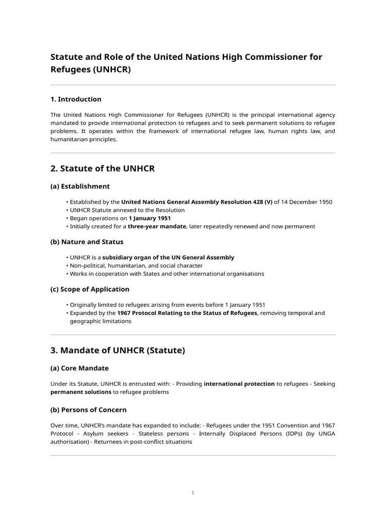 UNHCR: Role and Statute Overview | PDF | United Nations High ...
