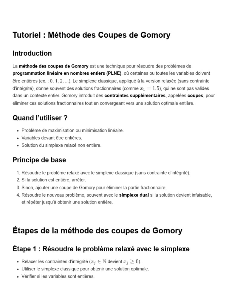 Méthode des Coupes de Gomory expliquée | PDF | Optimisation linéaire ...