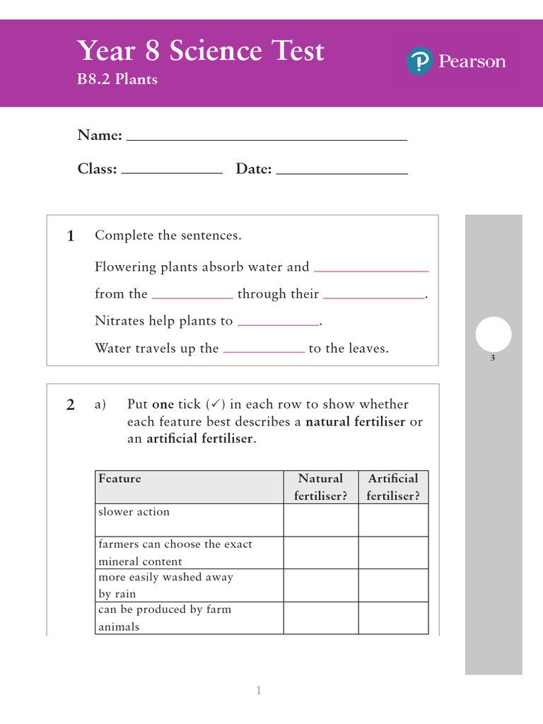ILS Science y8 B8 2 p Test Set 1 | PDF | Fertilizer | Plants
