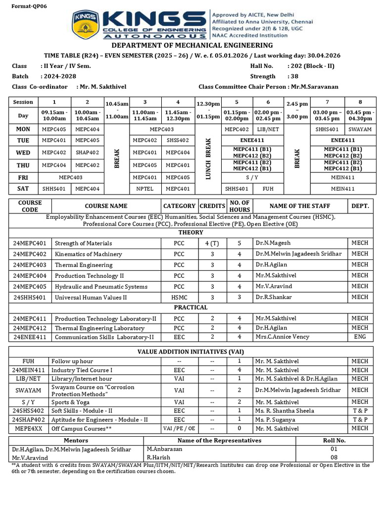 Mechanical Engineering Timetable 2025-26 | PDF | Applied And ...
