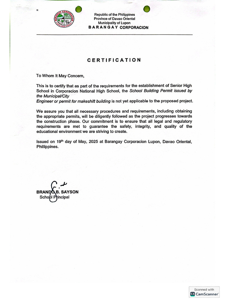 Certification For School Building Permit | PDF