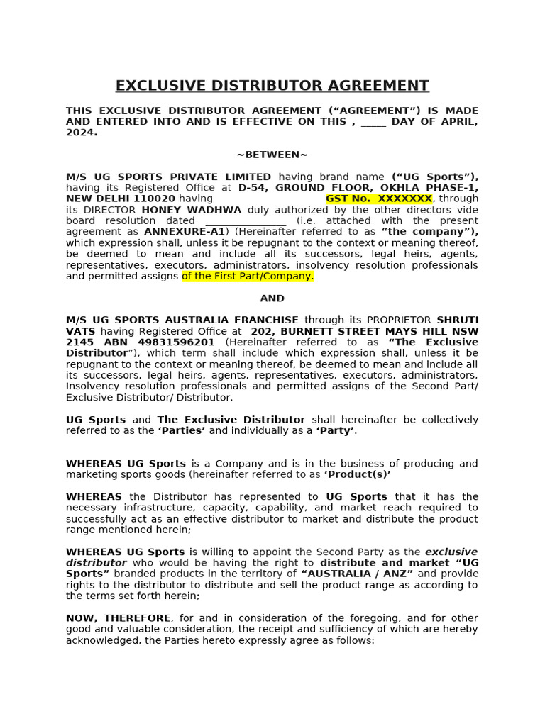 Exclusive Distributor Agreement for UG Sports | PDF | Indemnity ...