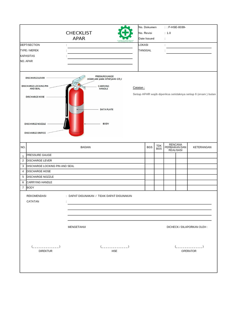 Checklist Pemeliharaan APAR 6 Bulan | PDF