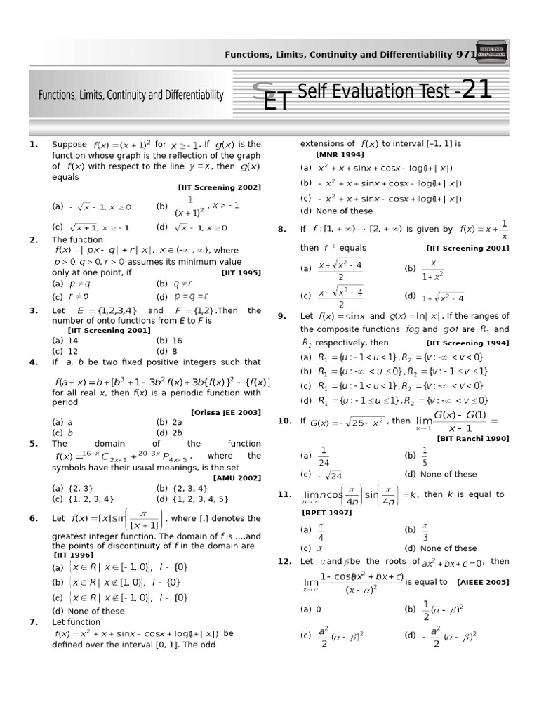 Set Evaluation Test-chp. 21 | PDF | Function (Mathematics) | Continuous ...