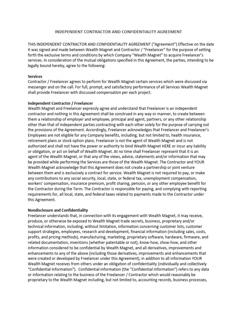 Jerome Arcon Independent Contractor and Confidentiality Agreement | PDF ...