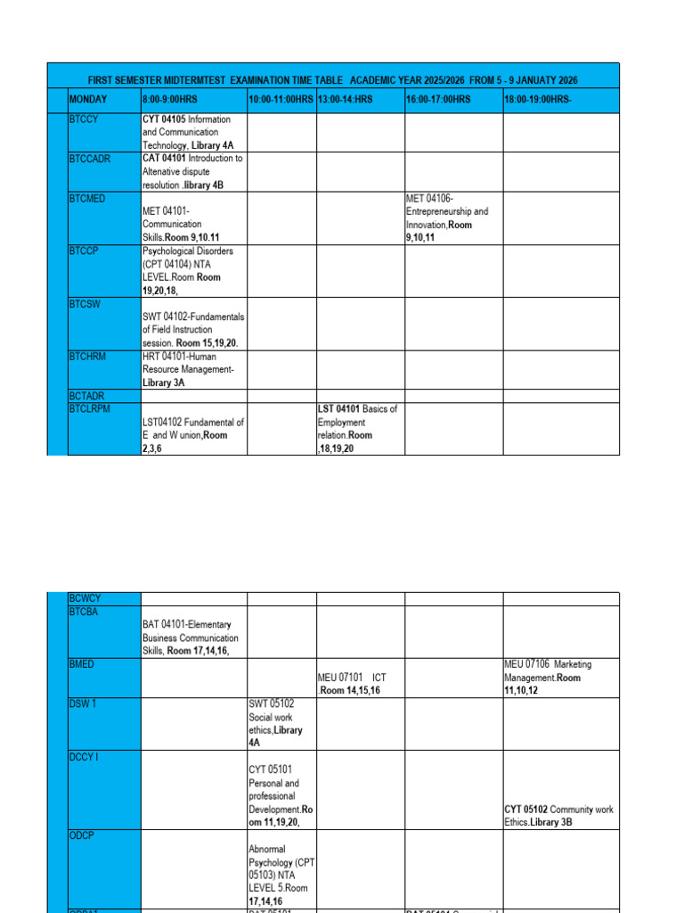 2025/2026 Midterm Exam Timetable | PDF | Business | Economies