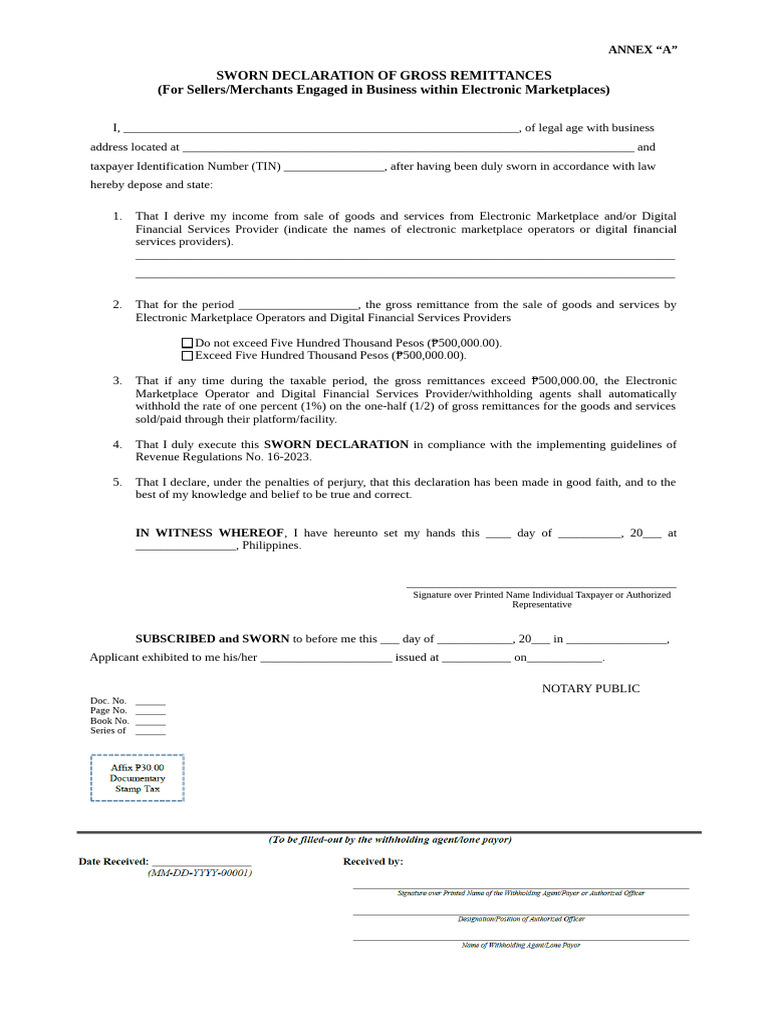 Sworn Declaration of Gross Remittances | PDF | Public Finance | Payments
