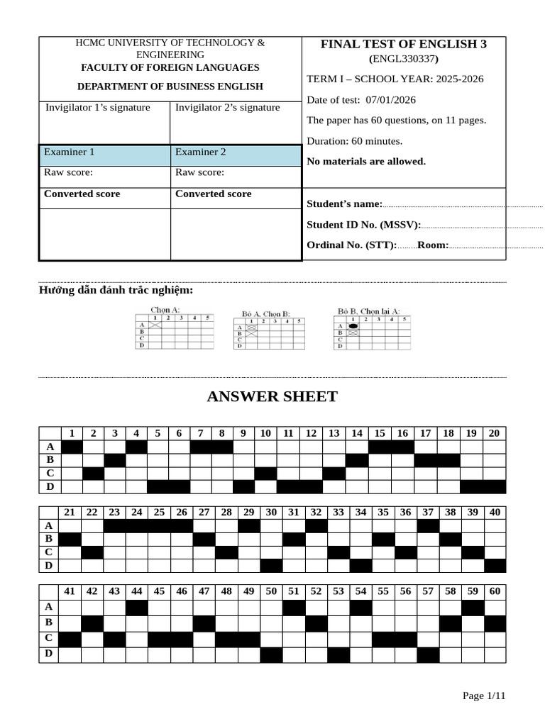 KEY - English 3 - Final Test HK1 (2) 2025-2026 | PDF