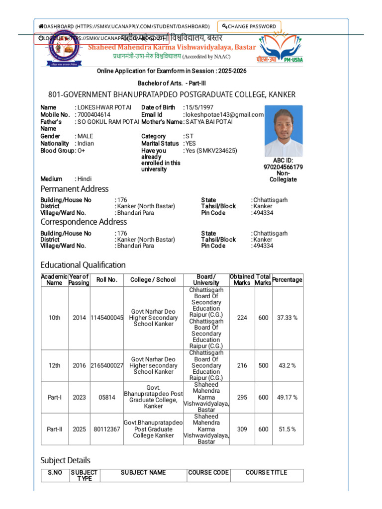 Exam Application Form for BA Part-III | PDF