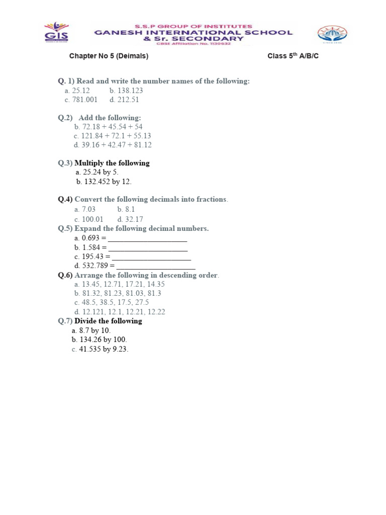 Class 5 Decimal Math Exercises | PDF