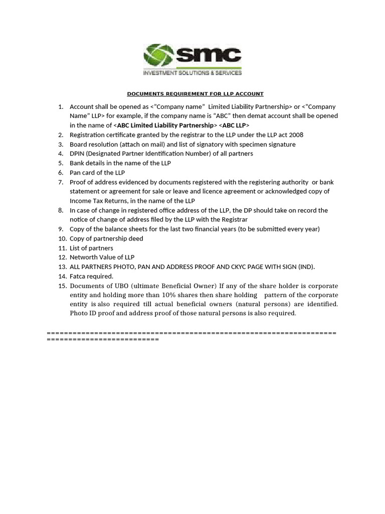 Reqd Docs for Llp Account (1) | PDF