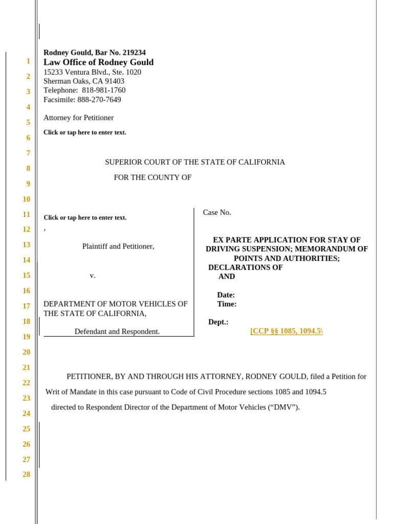 Ex Parte Application for Stay of Suspension Template 1 | PDF | Driving ...